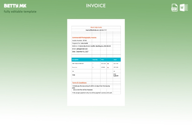Шаблон за фактура за комерцијална фотографија во модерен стил